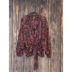 Colleen Lopez Blouse Womens M Purple Gold Floral Metallic Clip Dot Tie Front